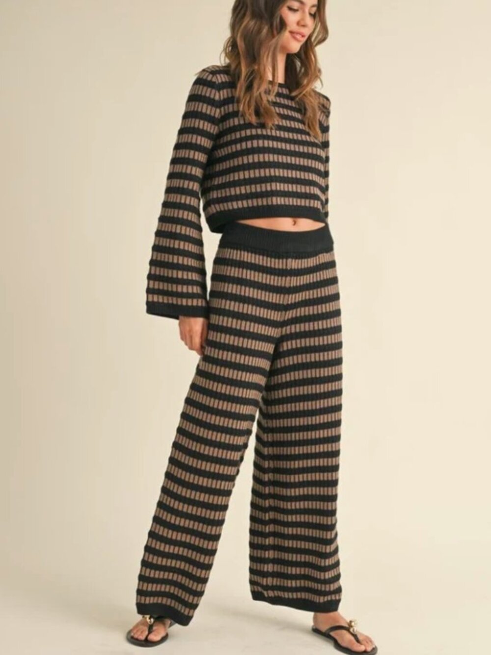 Miou Muse Striped Knit Loungewear Two-Piece Set - Black & Tan